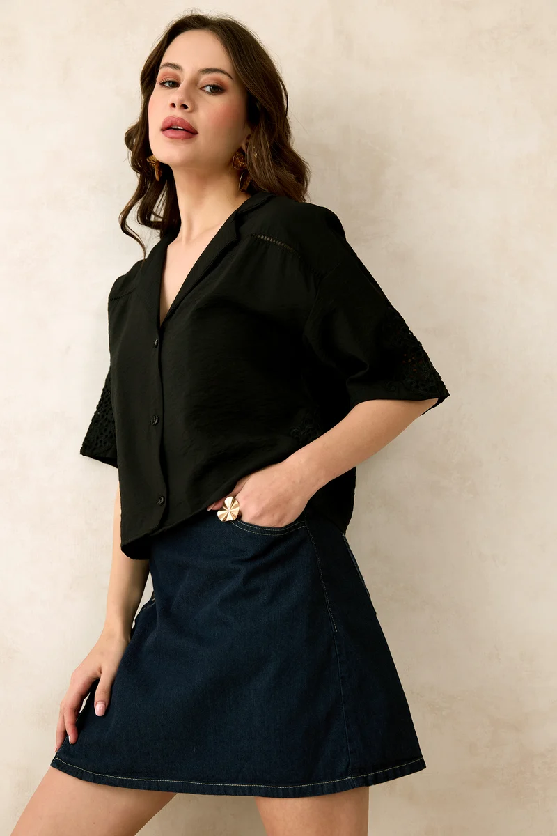 Mabel|Viscose Lapel Collar Crop Lace Shirt