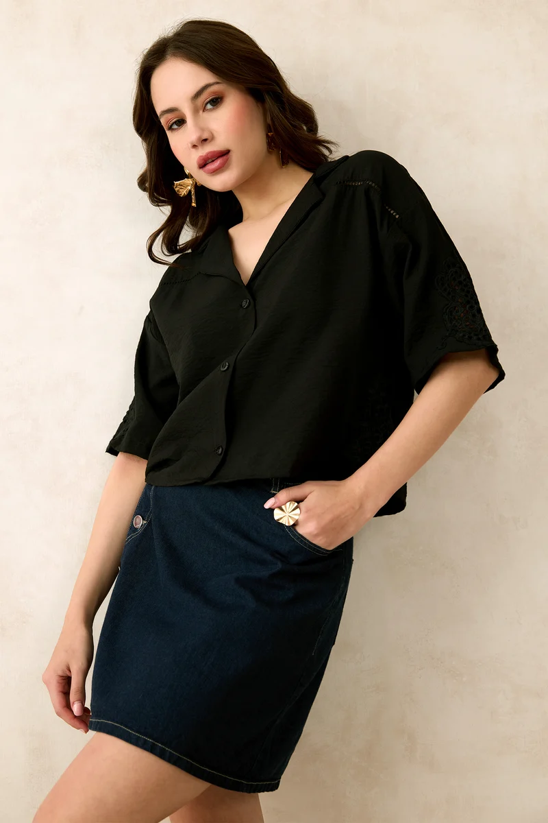 Mabel|Viscose Lapel Collar Crop Lace Shirt