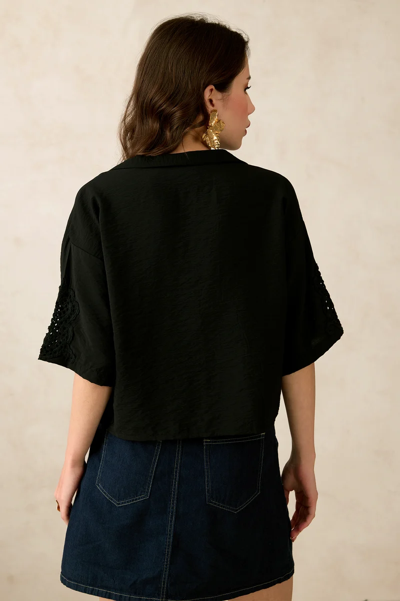 Mabel|Viscose Lapel Collar Crop Lace Shirt