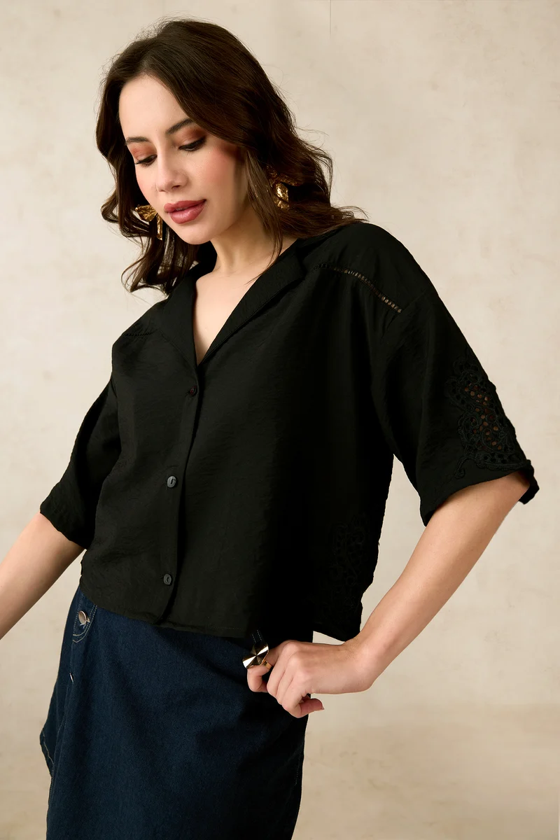 Mabel|Viscose Lapel Collar Crop Lace Shirt