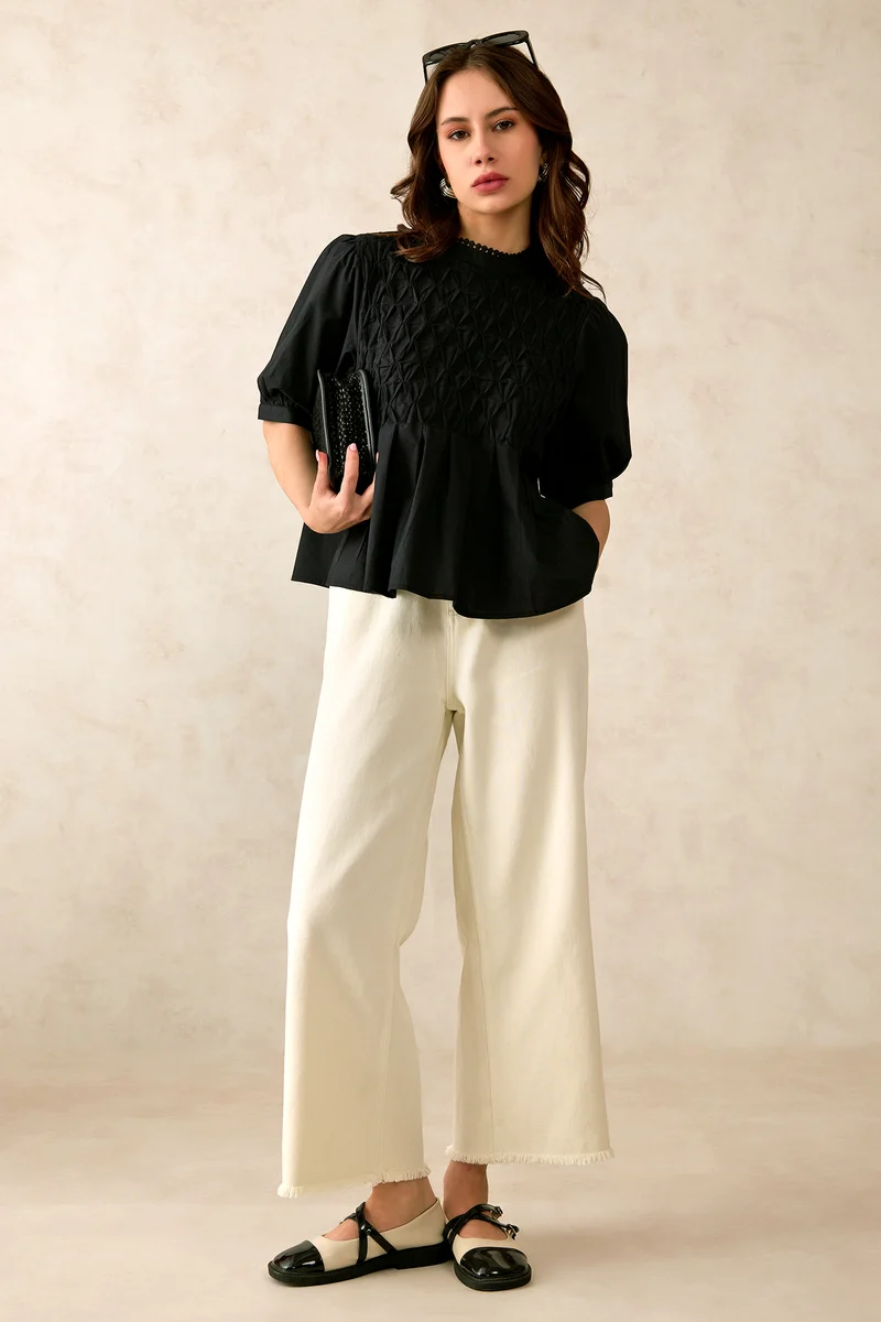 Jesse|100% Cotton Diagonal Tuck Detail Lace Top