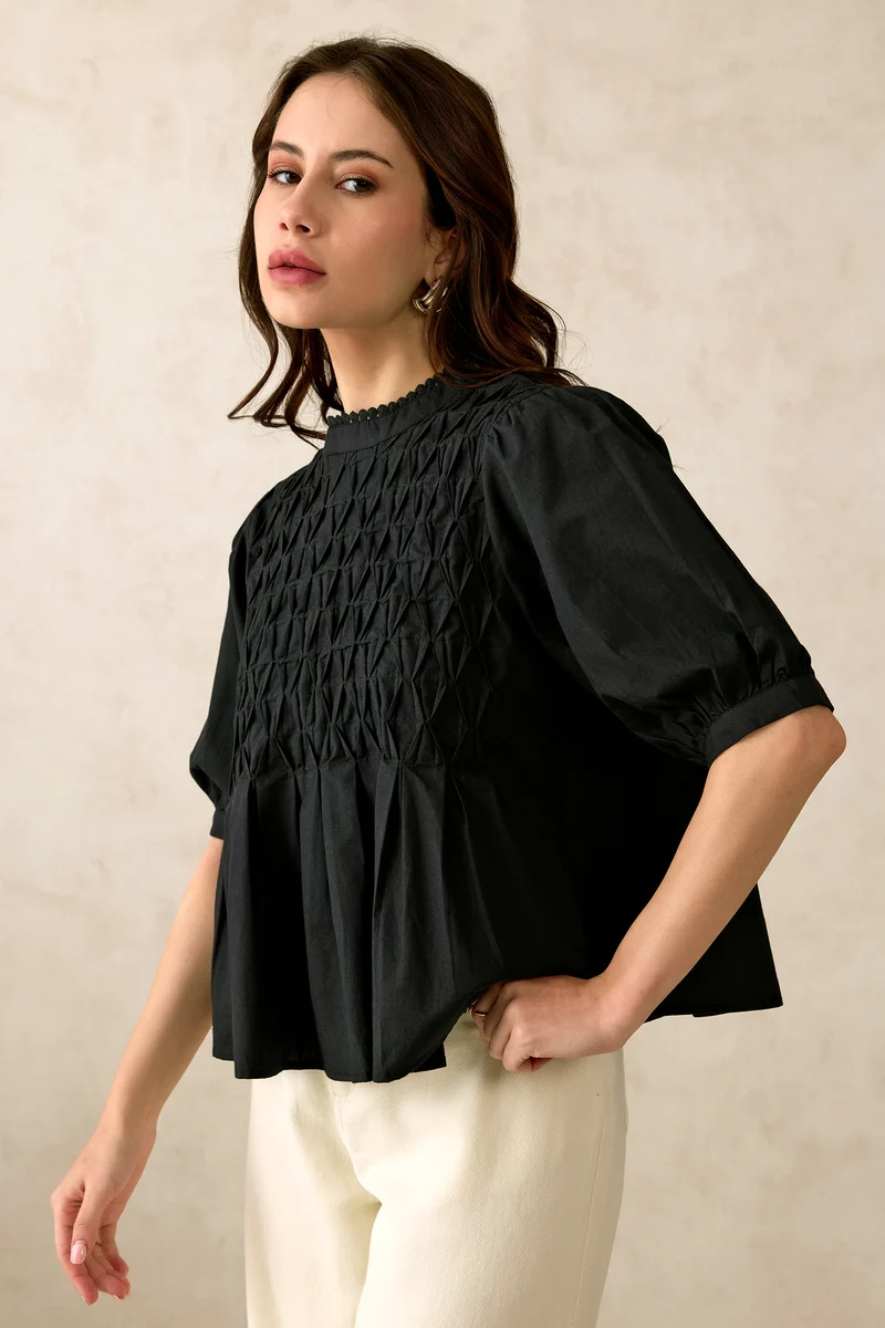 Jesse|100% Cotton Diagonal Tuck Detail Lace Top
