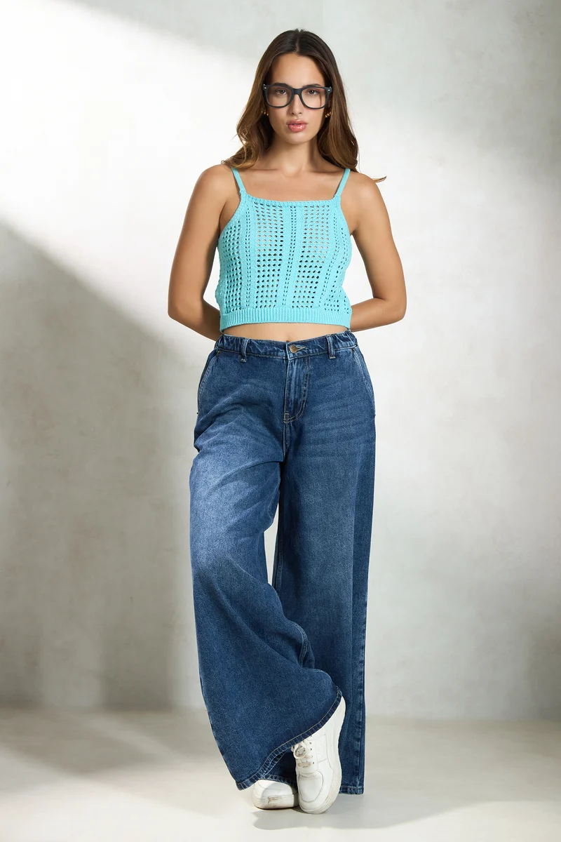 Fiorella|100% Cotton Strappy Squareneck Knit Top