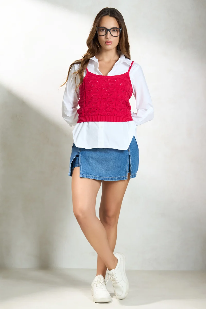 Elspeth|100% Cotton Red Knit Strappy Crop Top