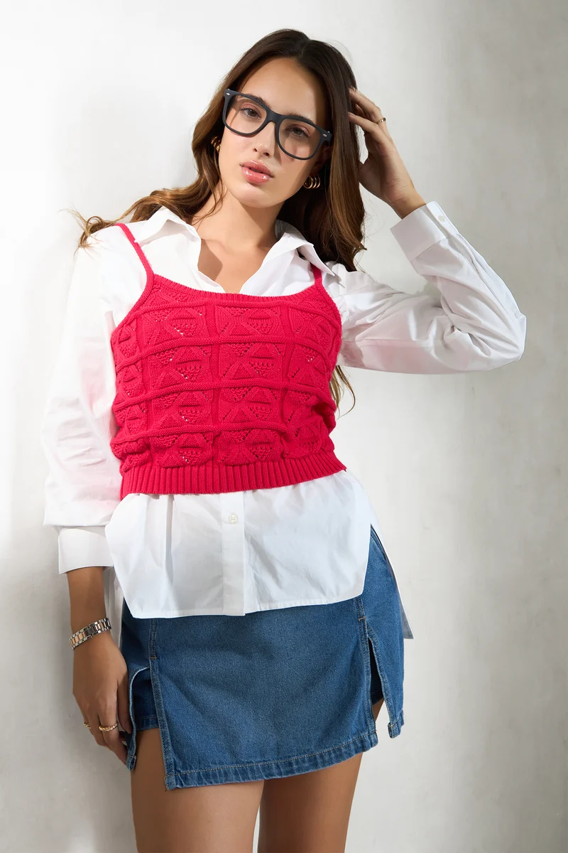 Elspeth|100% Cotton Red Knit Strappy Crop Top