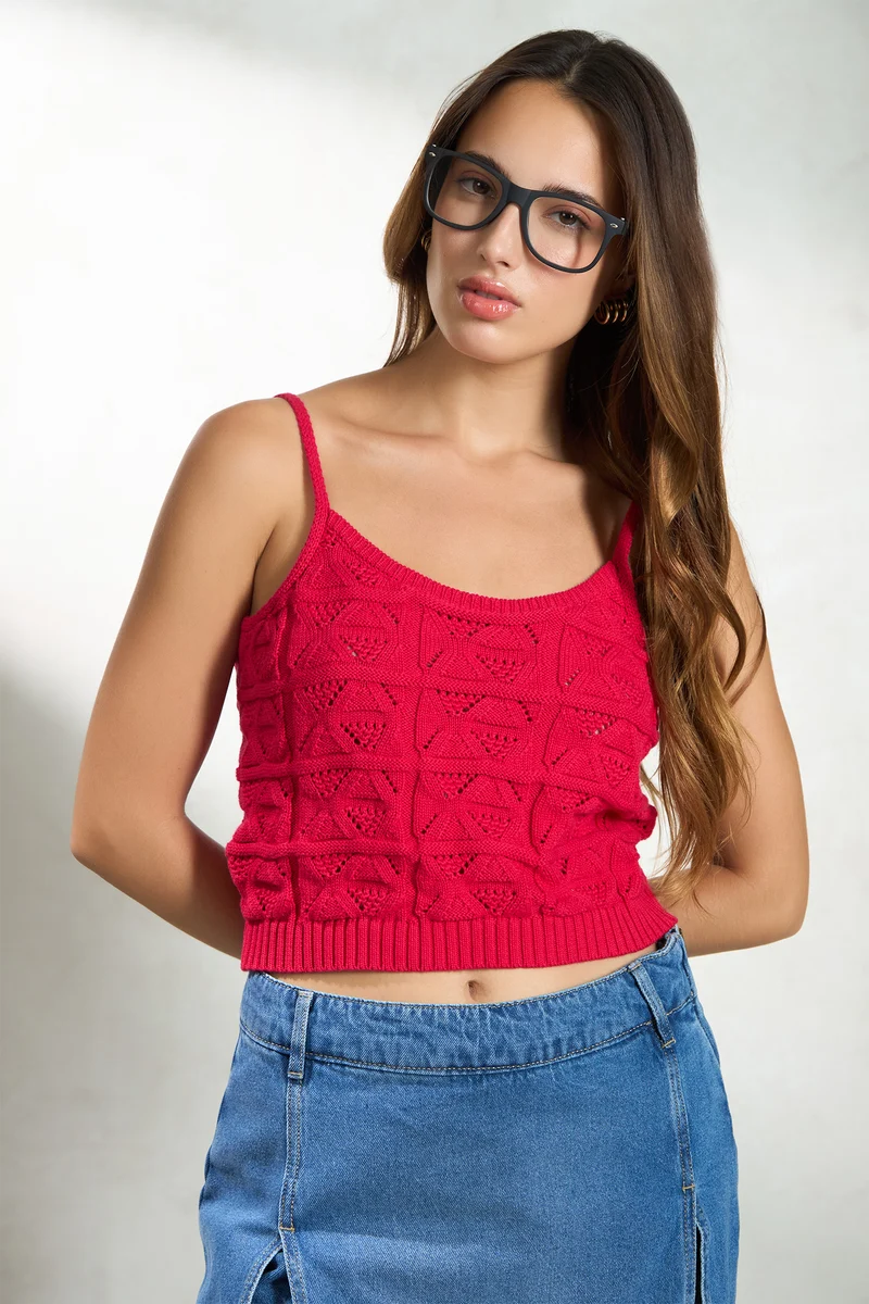 Elspeth|100% Cotton Red Knit Strappy Crop Top