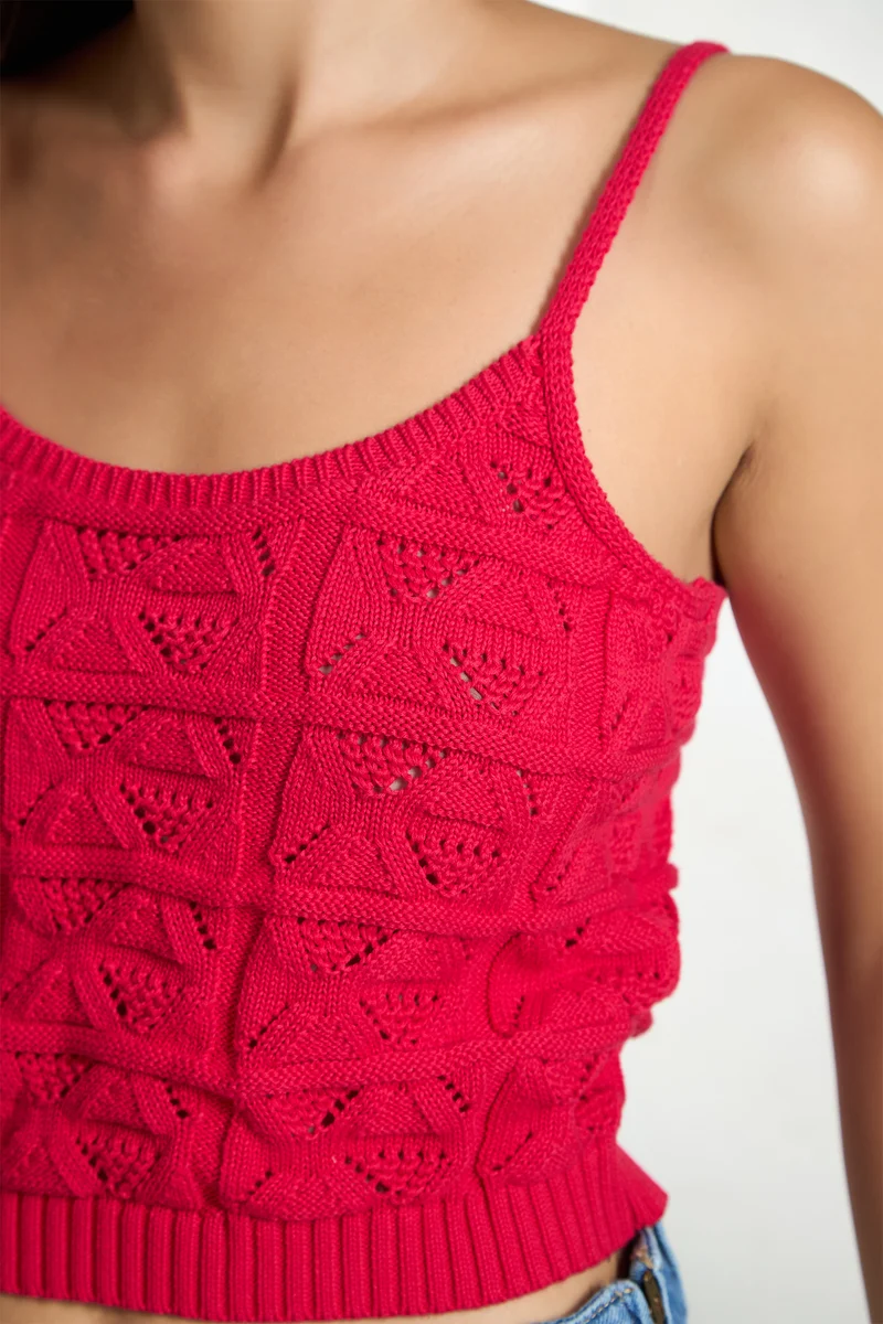 Elspeth|100% Cotton Red Knit Strappy Crop Top