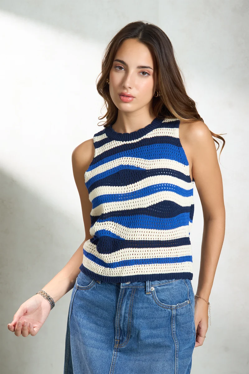 Tracey|100% Cotton Multicolour Sleeveless Knit Top