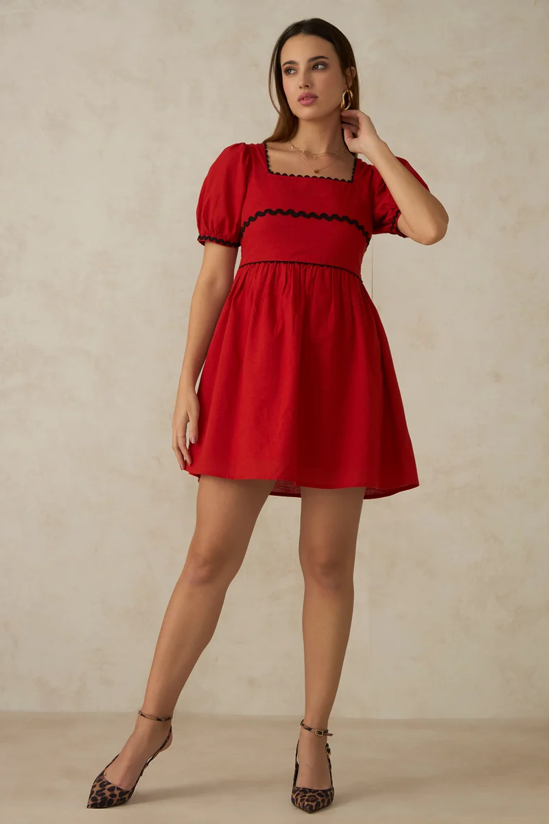 Delilah|100% Cotton Ric Rac Laced Red Mini Dress
