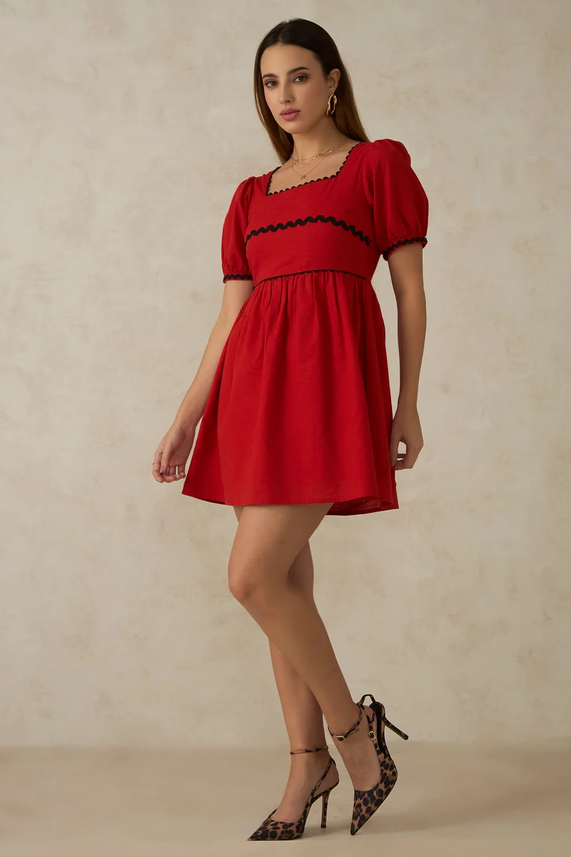Delilah|100% Cotton Ric Rac Laced Red Mini Dress