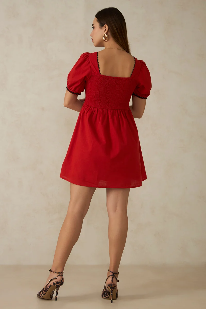 Delilah|100% Cotton Ric Rac Laced Red Mini Dress
