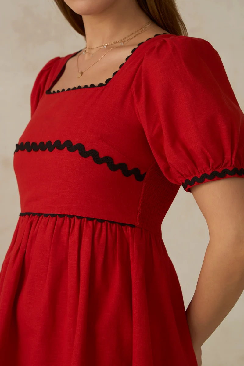 Delilah|100% Cotton Ric Rac Laced Red Mini Dress