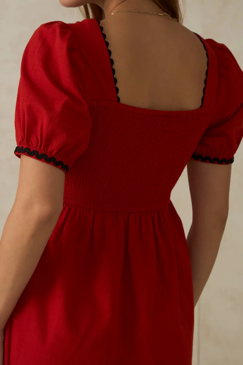 Delilah|100% Cotton Ric Rac Laced Red Mini Dress