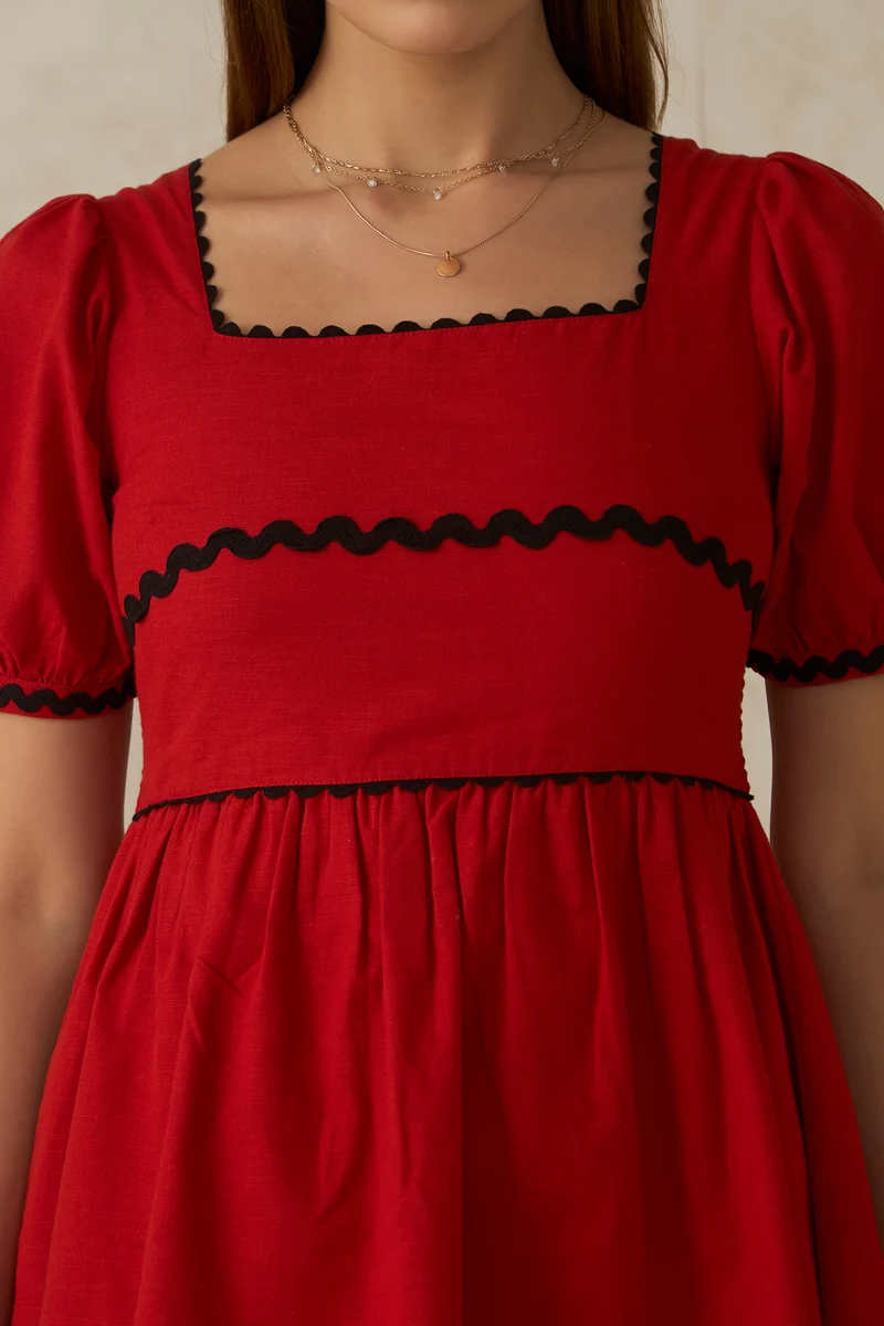 Delilah|100% Cotton Ric Rac Laced Red Mini Dress