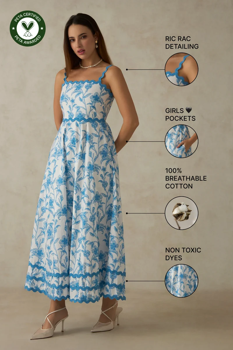 Opal|100% Cotton Printed Lace Strap Maxi Dress