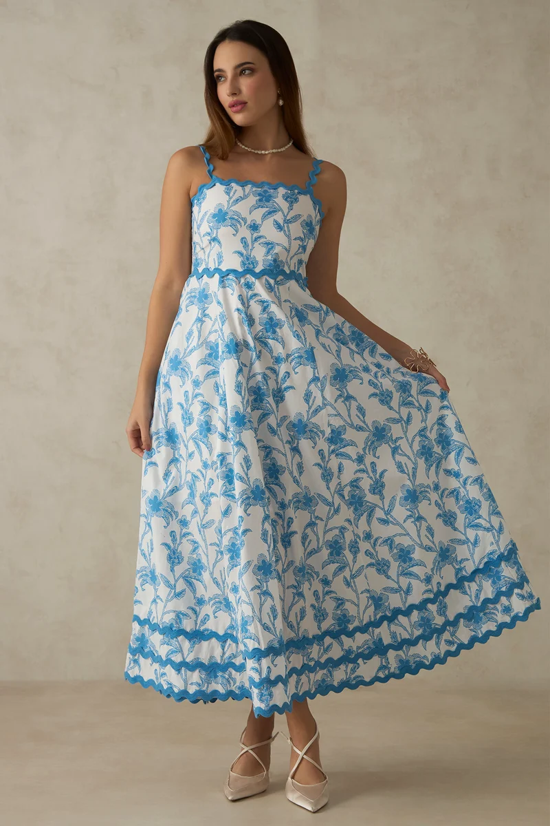 Opal|100% Cotton Printed Lace Strap Maxi Dress