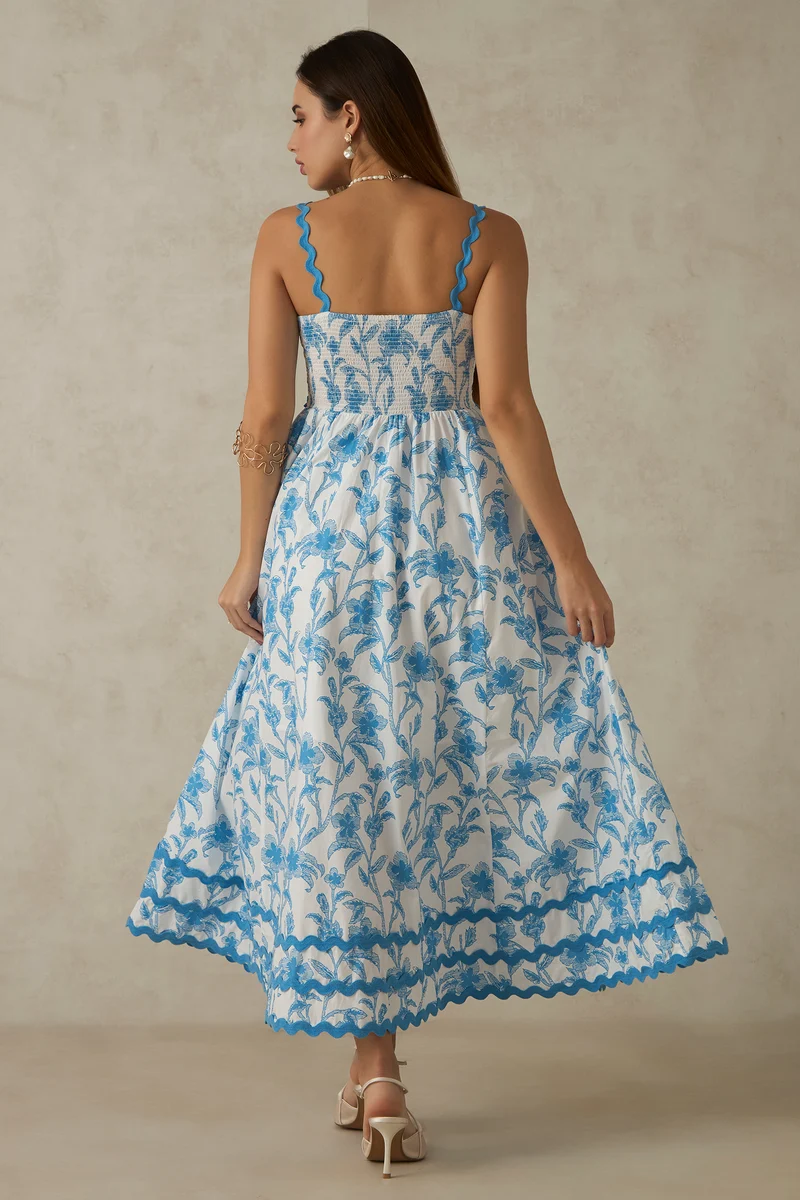 Opal|100% Cotton Printed Lace Strap Maxi Dress
