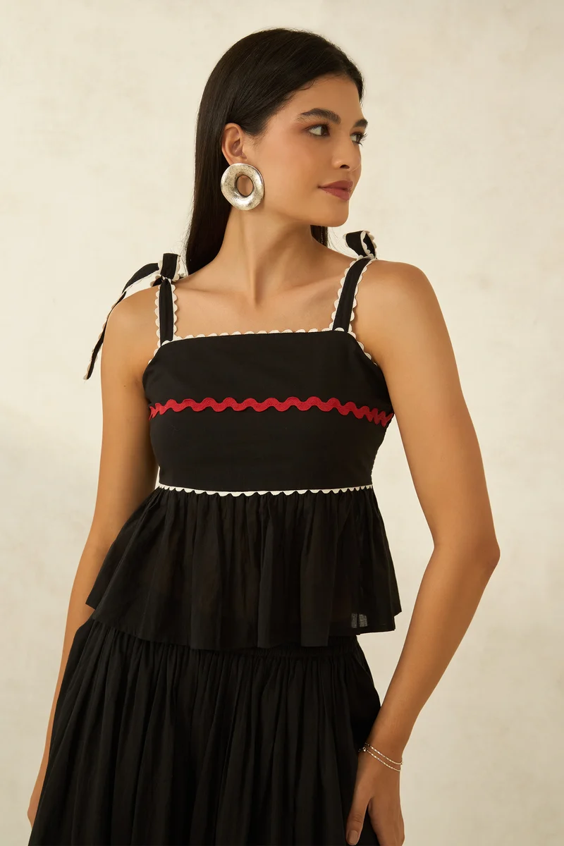 Miesha Top|100% Cotton Black Peplum Top With Lace