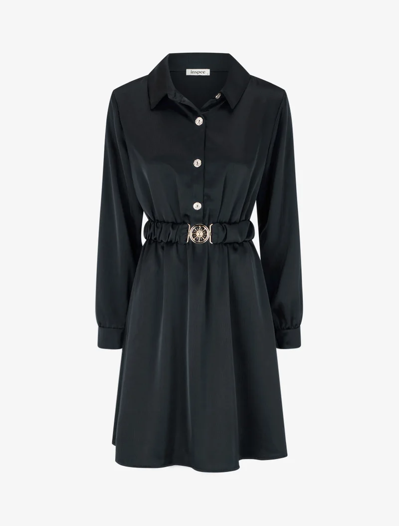 Robe satinée style chemise à manches longues - Noir