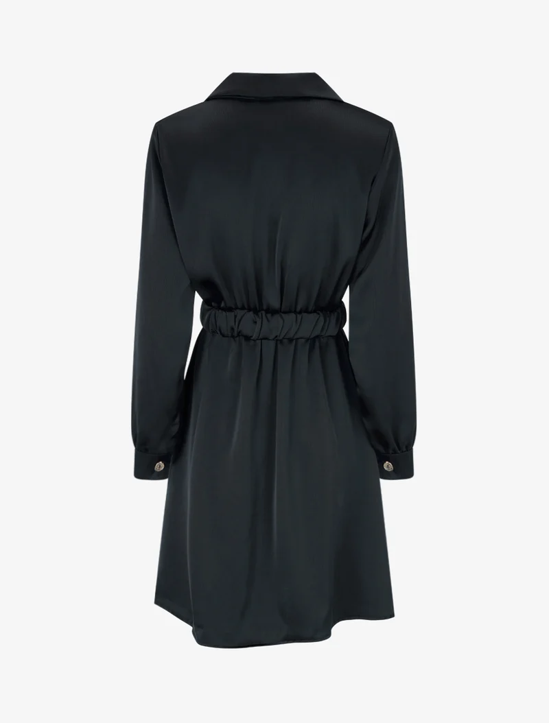 Robe satinée style chemise à manches longues - Noir