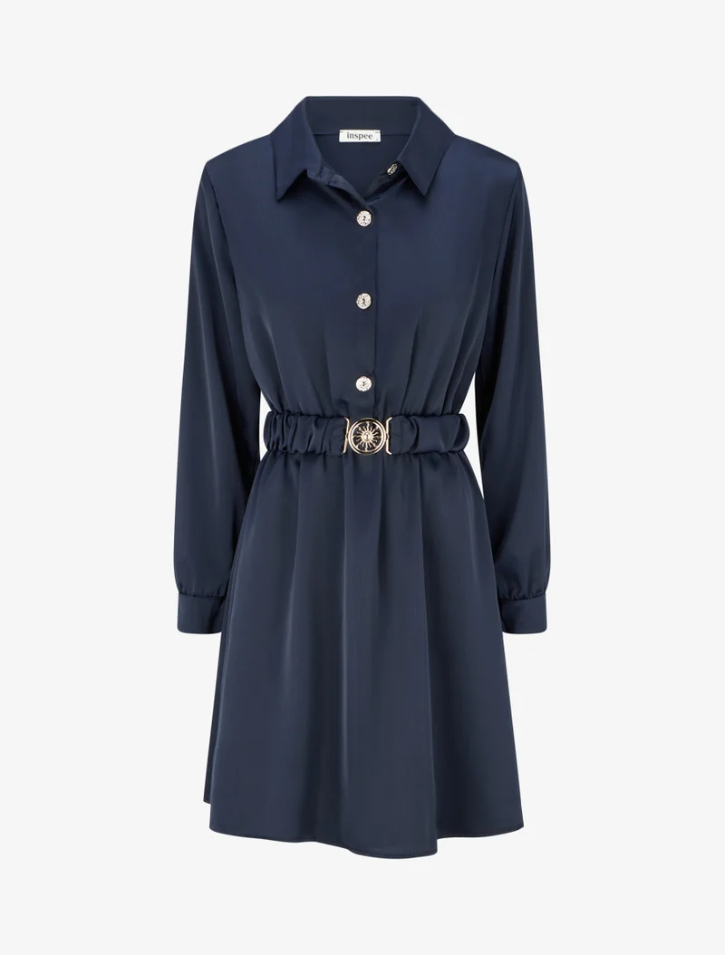 Robe satinée style chemise à manches longues - Marine