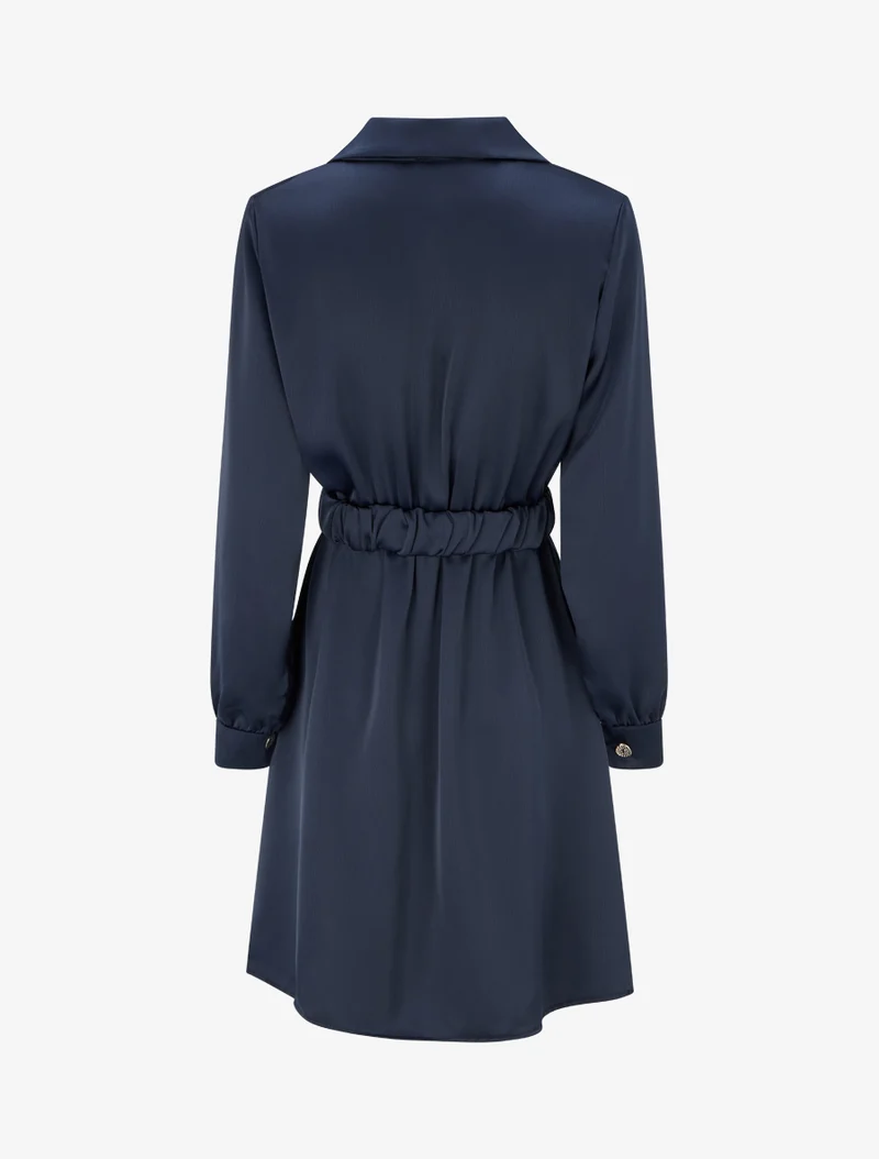 Robe satinée style chemise à manches longues - Marine