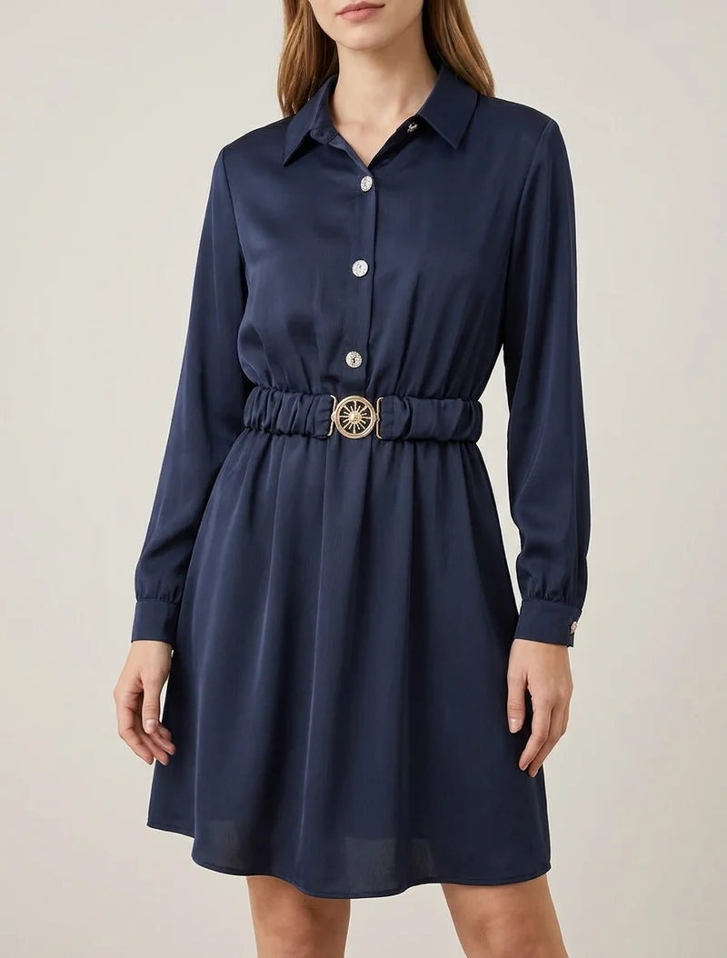 Robe satinée style chemise à manches longues - Marine