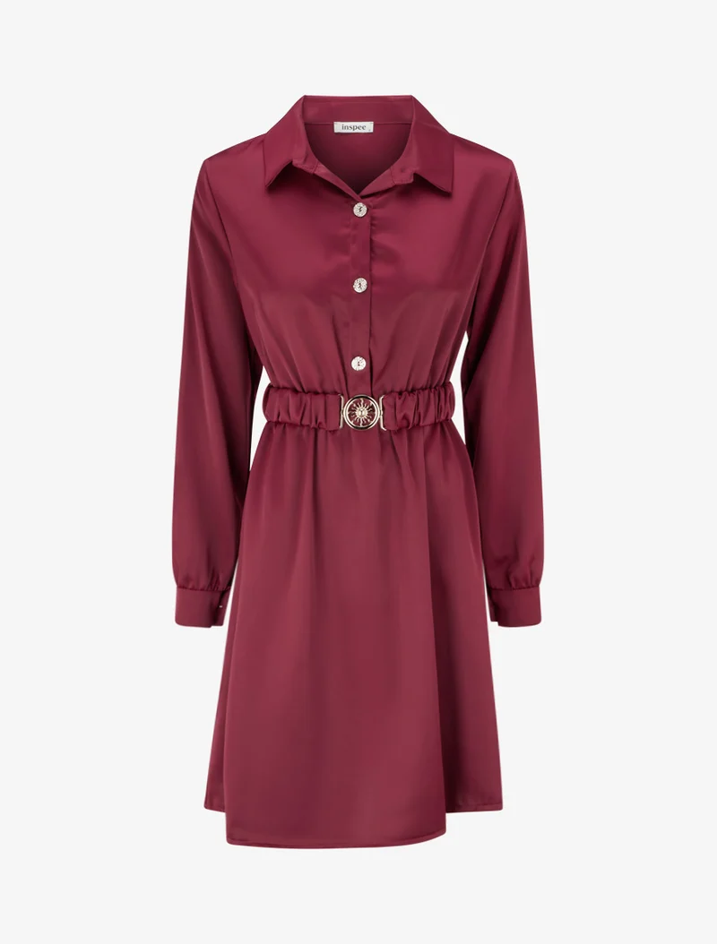Robe satinée style chemise à manches longues - Lie de vin