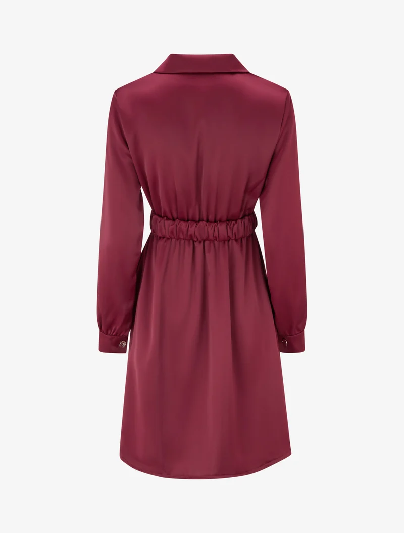 Robe satinée style chemise à manches longues - Lie de vin