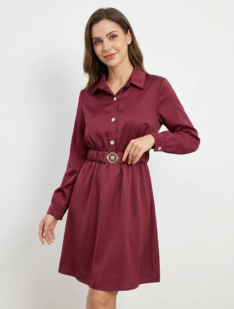Robe satinée style chemise à manches longues - Lie de vin