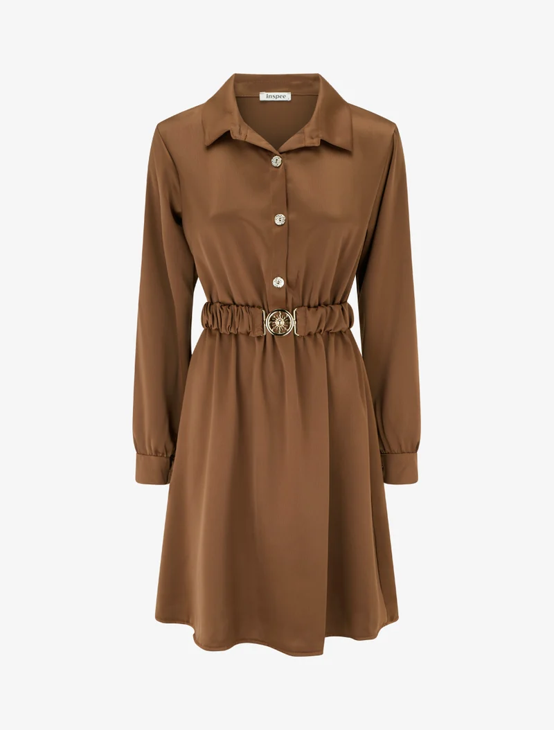 Robe satinée style chemise à manches longues - Camel