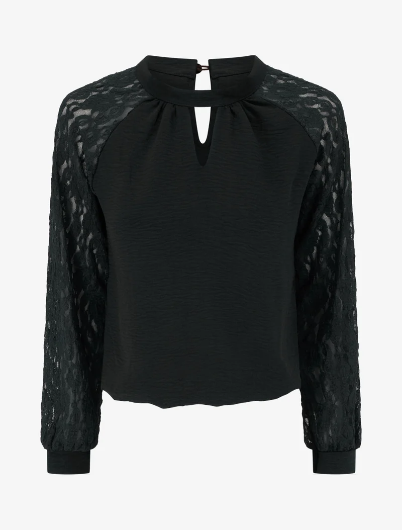 Top à manches raglan en dentelle et col ajouré - Noir