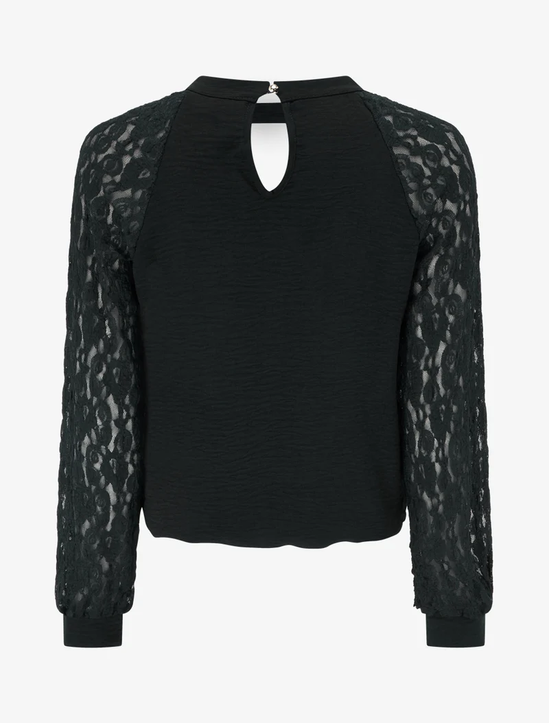 Top à manches raglan en dentelle et col ajouré - Noir