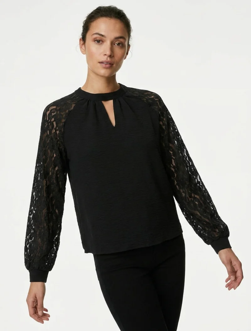 Top à manches raglan en dentelle et col ajouré - Noir
