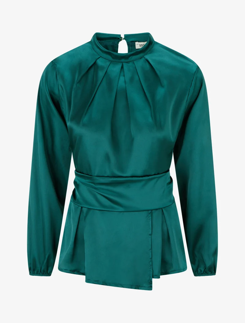 Top satiné à col montant et effet drapé - Vert foncé