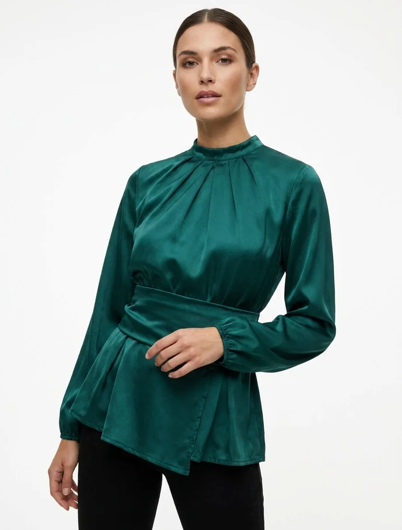 Top satiné à col montant et effet drapé - Vert foncé