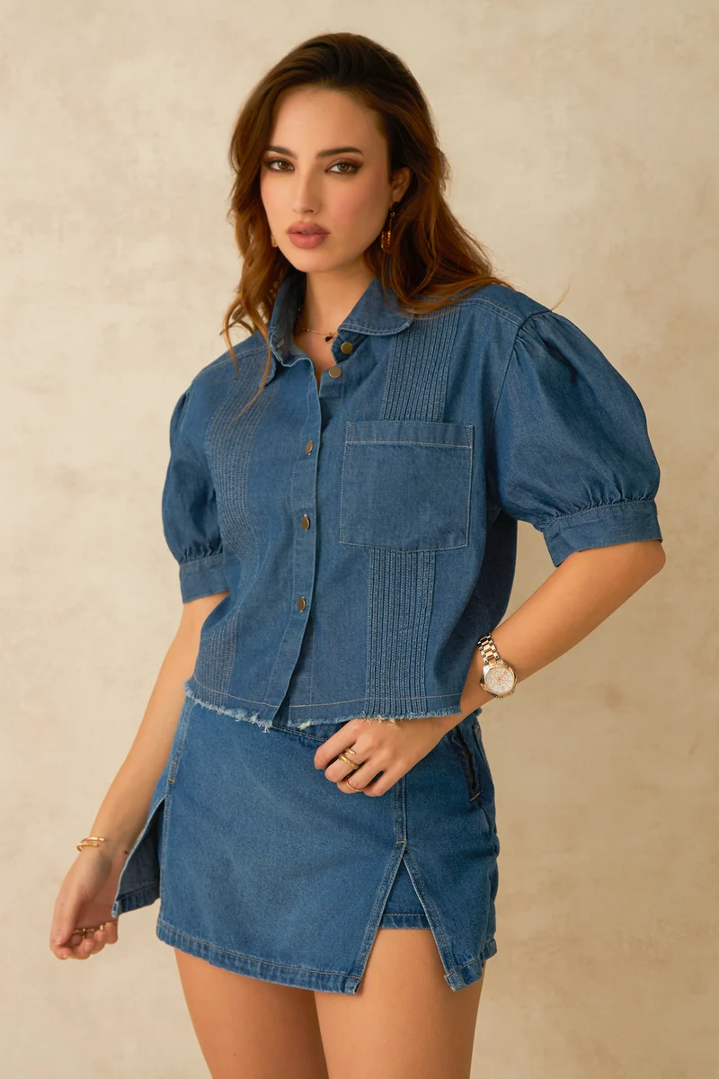Blue|100% Cotton Denim Pintuck Detail Crop Shirt