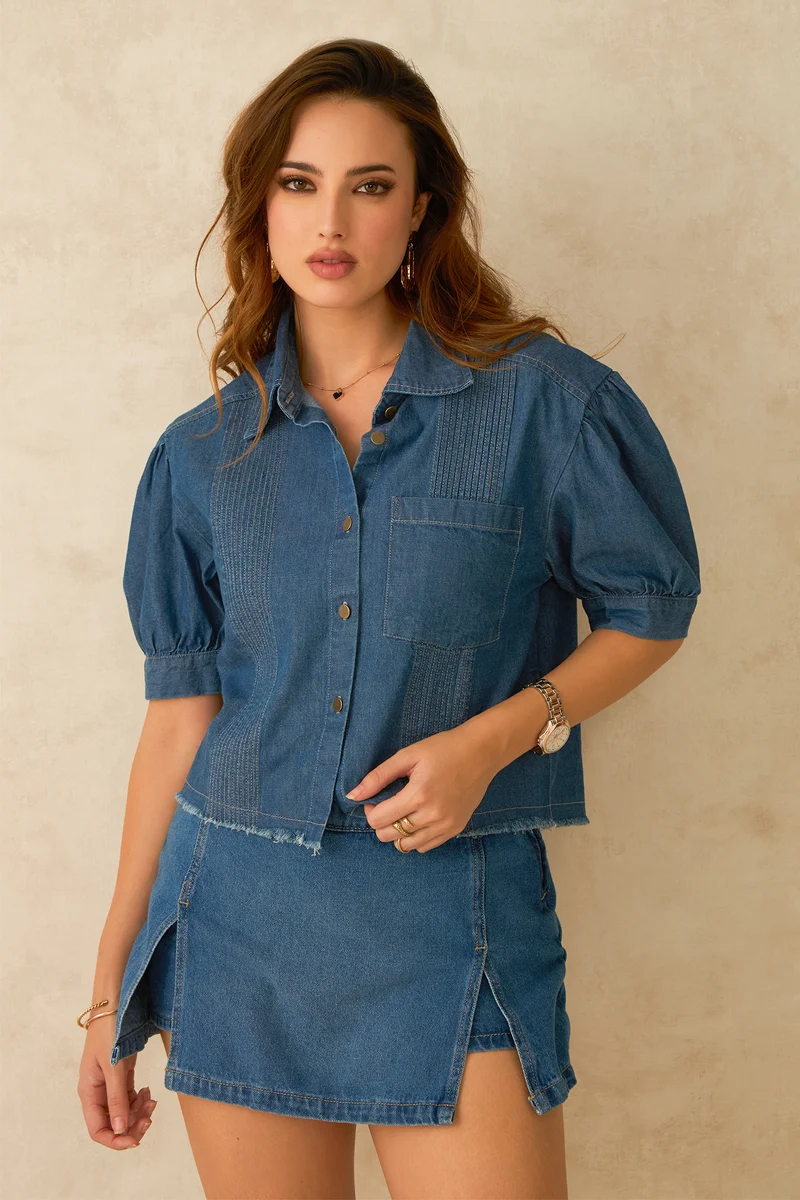 Blue|100% Cotton Denim Pintuck Detail Crop Shirt