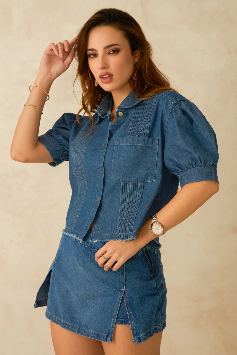 Blue|100% Cotton Denim Pintuck Detail Crop Shirt