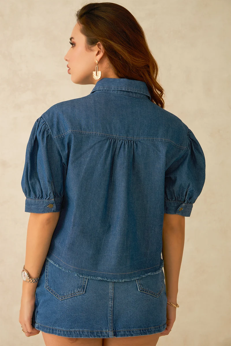 Blue|100% Cotton Denim Pintuck Detail Crop Shirt