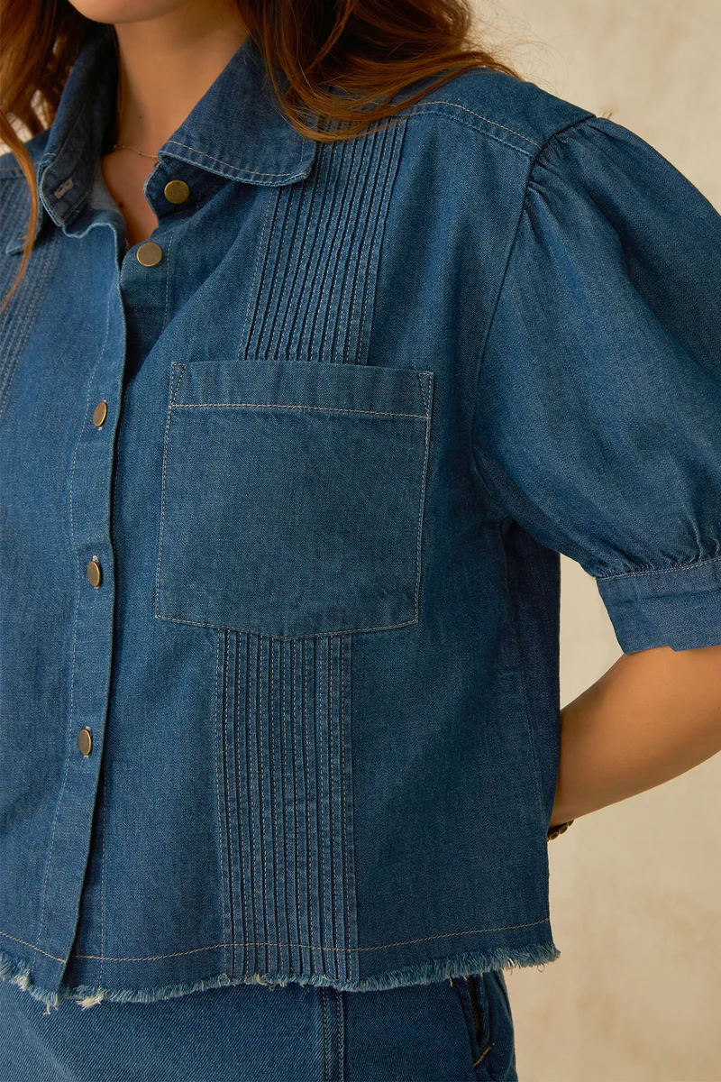 Blue|100% Cotton Denim Pintuck Detail Crop Shirt