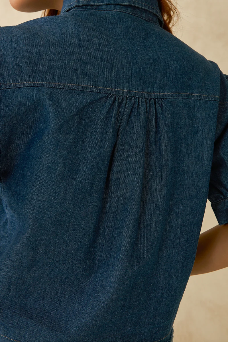 Blue|100% Cotton Denim Pintuck Detail Crop Shirt