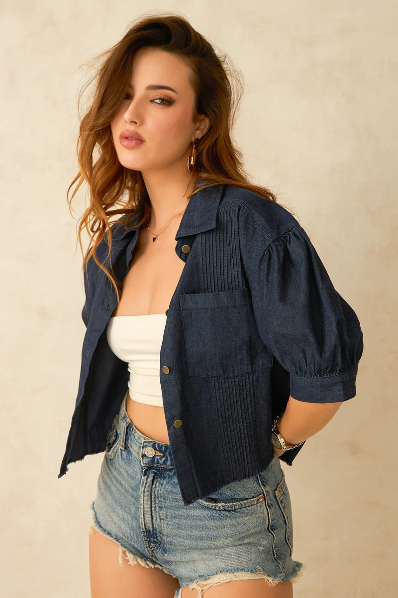Bea|100% Cotton Dark Blue Denim Crop Shirt