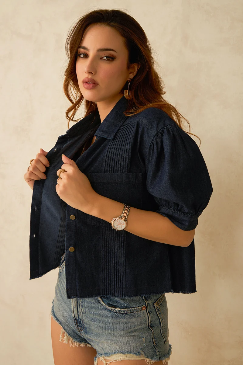 Bea|100% Cotton Dark Blue Denim Crop Shirt