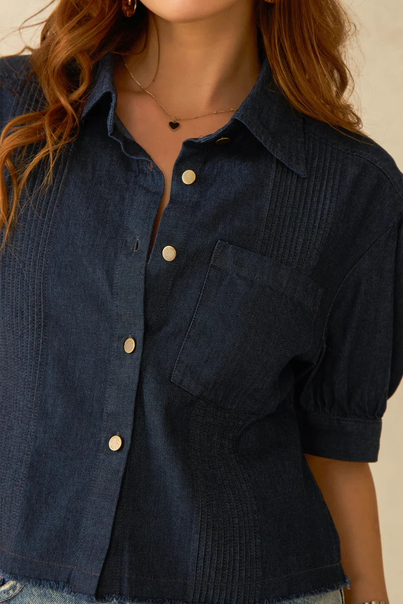 Bea|100% Cotton Dark Blue Denim Crop Shirt