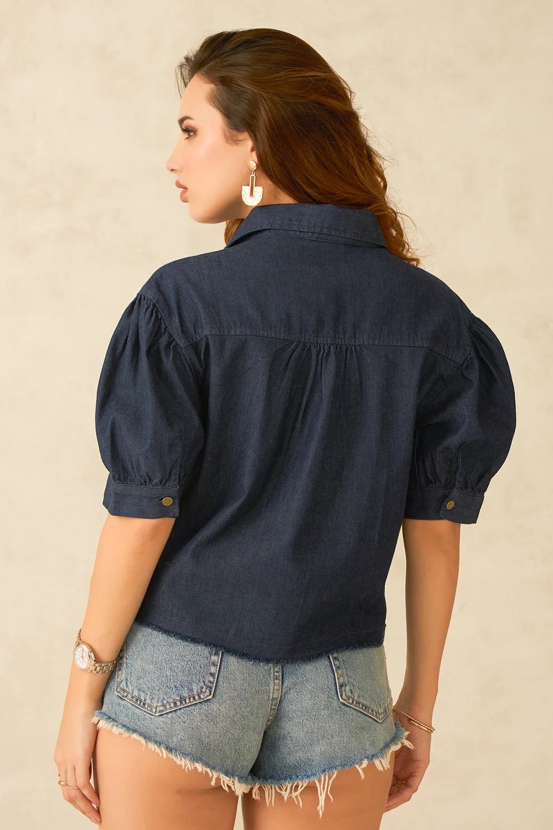 Bea|100% Cotton Dark Blue Denim Crop Shirt