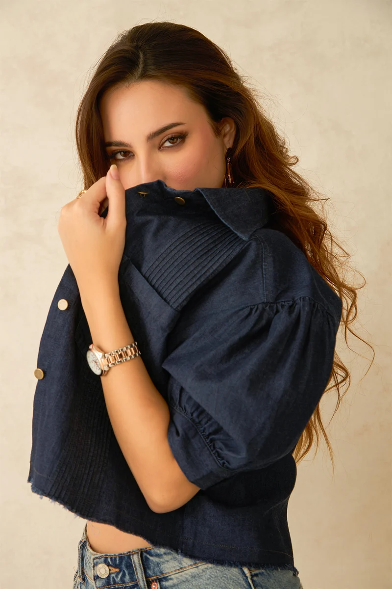 Bea|100% Cotton Dark Blue Denim Crop Shirt
