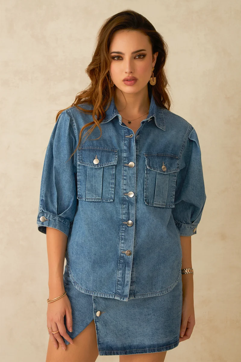 Aire|100% Cotton Pleated Sleeve Denim Shirt