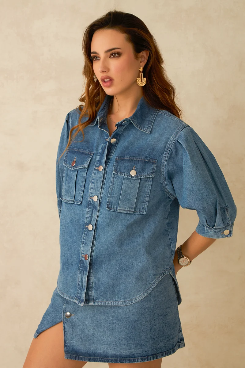 Aire|100% Cotton Pleated Sleeve Denim Shirt