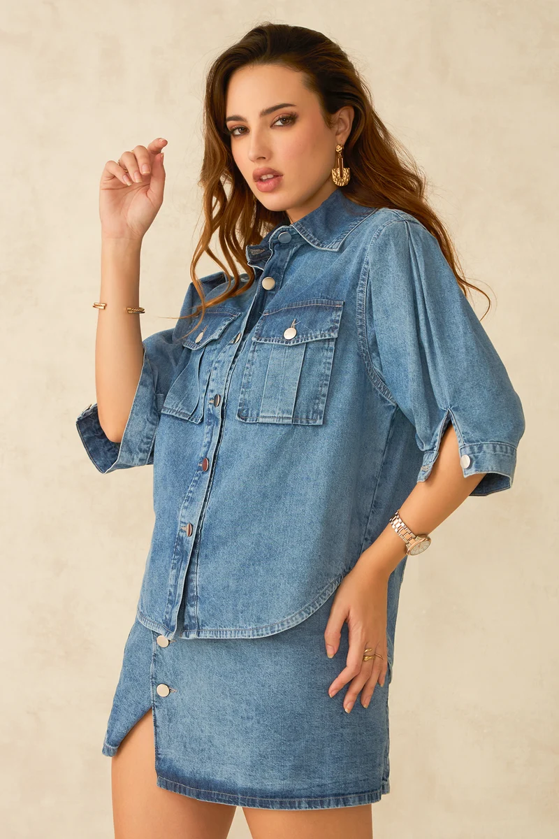 Aire|100% Cotton Pleated Sleeve Denim Shirt